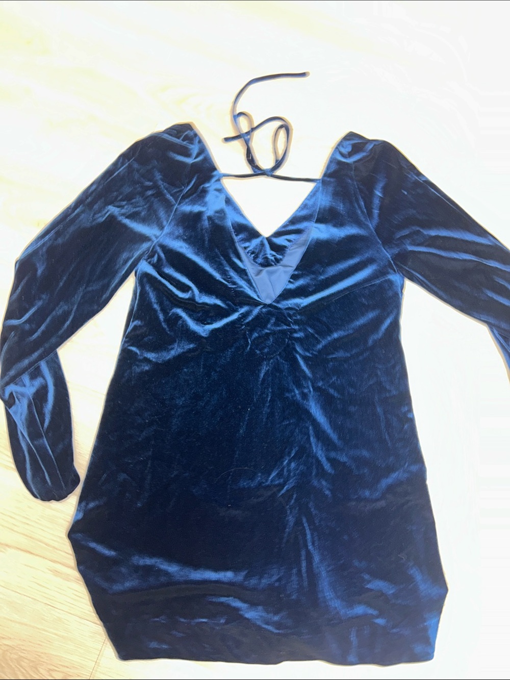 Free People Velvet Deep V Long Sleeve Mini Dress - Navy Blue - Picture 5 of 6